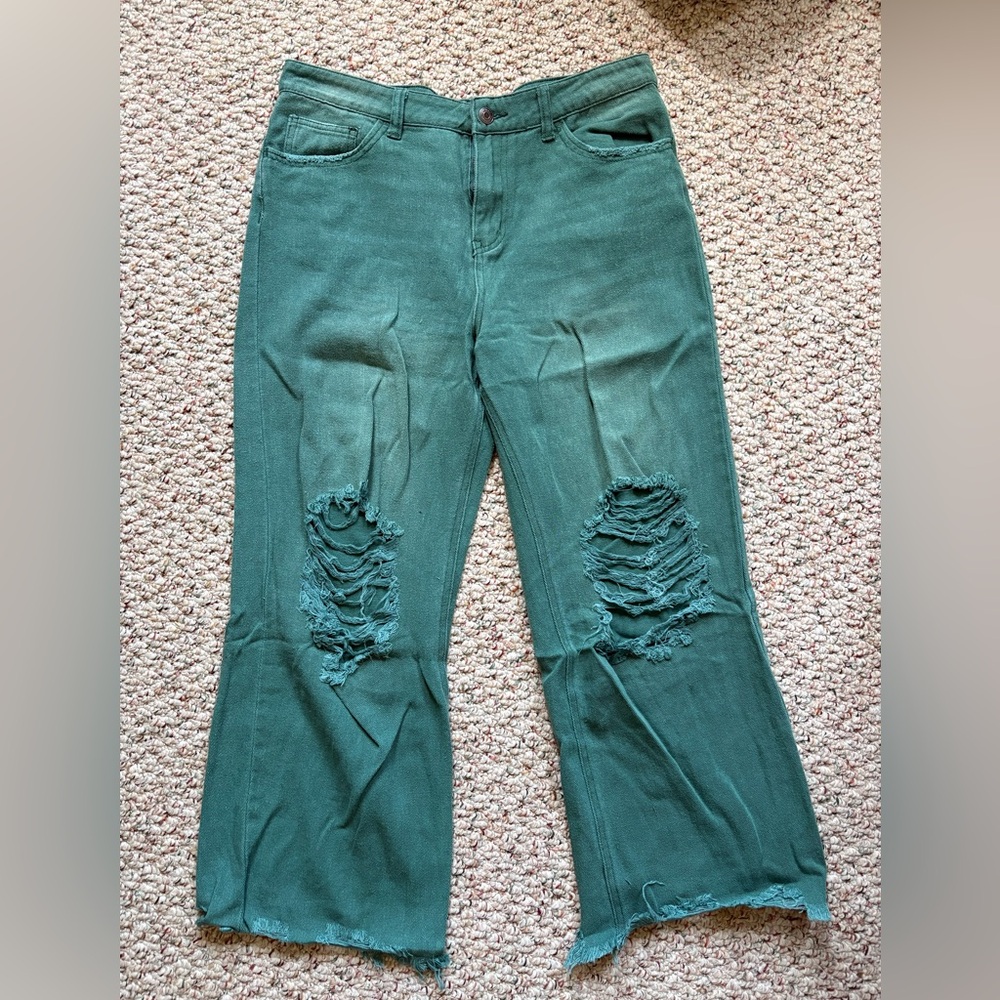 Green Distressed Women Jeans
